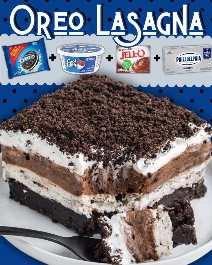 Delicious OREO LASAGNA layered with creamy filling and OREO cookies