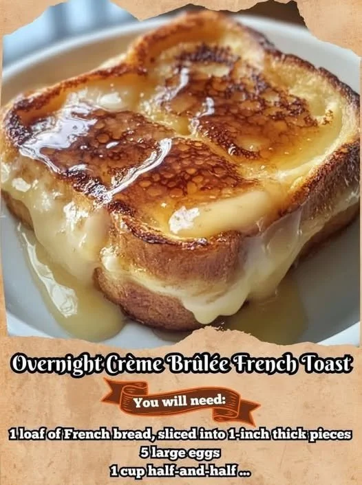 Delicious overnight crème brûlée French toast topped with caramelized sugar