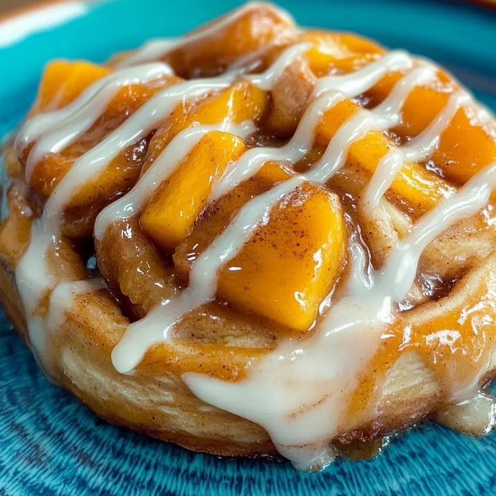 Delicious peach cobbler cinnamon rolls topped with icing
