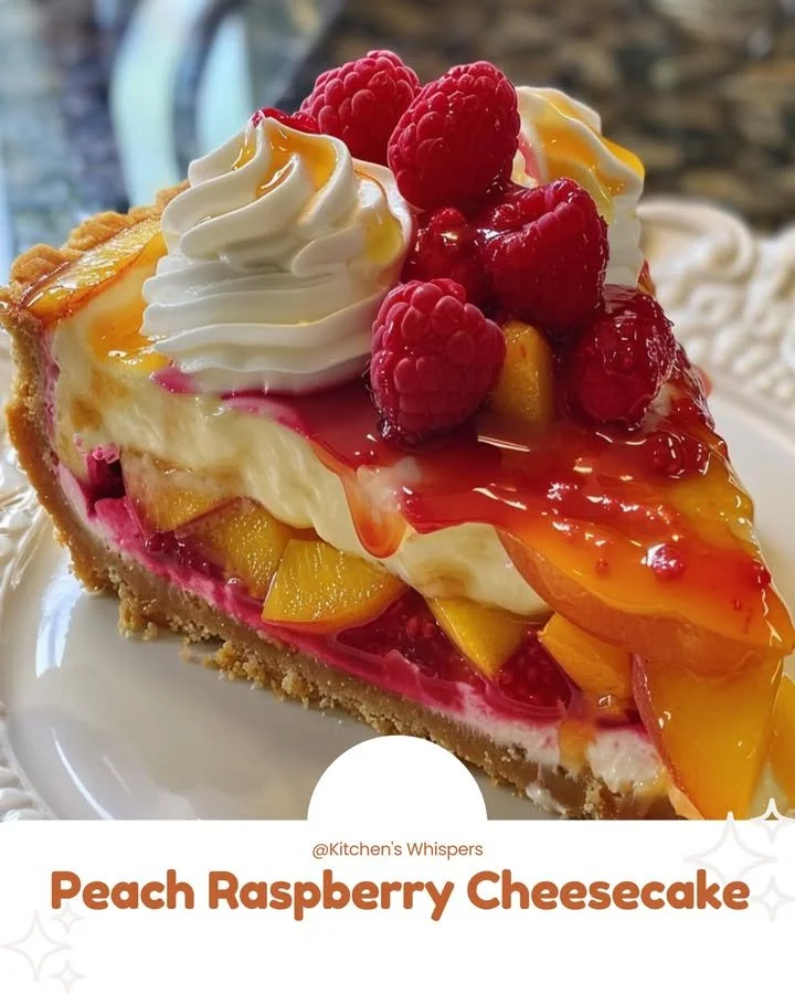 Decadent Peach Raspberry Cheesecake topped with fresh raspberries and peach slices