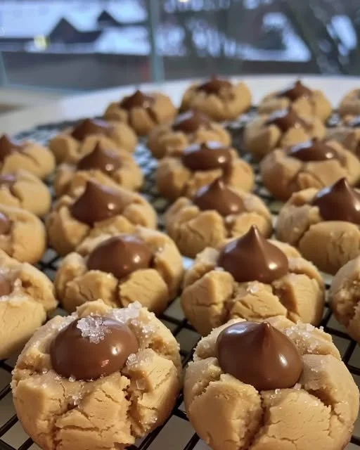 Delicious Peanut Blossoms cookies topped with chocolate kisses