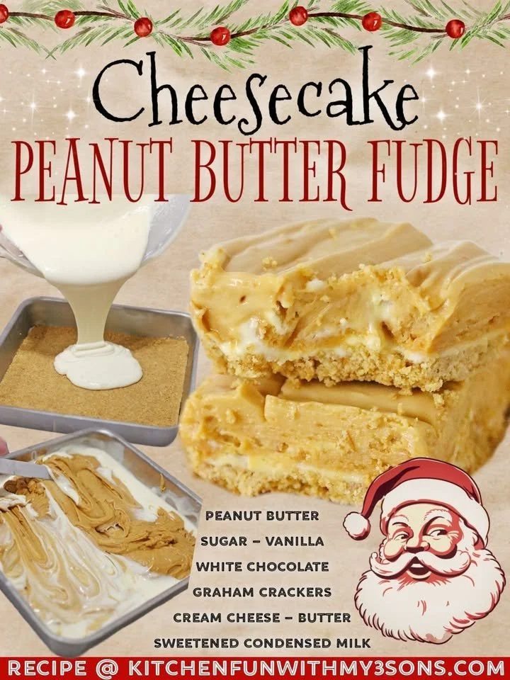 Delicious Peanut Butter Cheesecake Fudge topped with chocolate ganache and crushed peanuts.