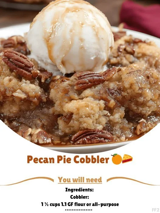 Delicious pecan pie cobbler served warm with whipped cream