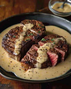 Delicious peppercorn steak with creamy sauce served on a plate.