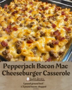 Delicious Pepperjack Bacon Mac Cheeseburger Casserole topped with crispy bacon