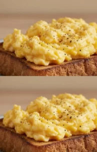 Fluffy and perfectly cooked scrambled eggs on a plate