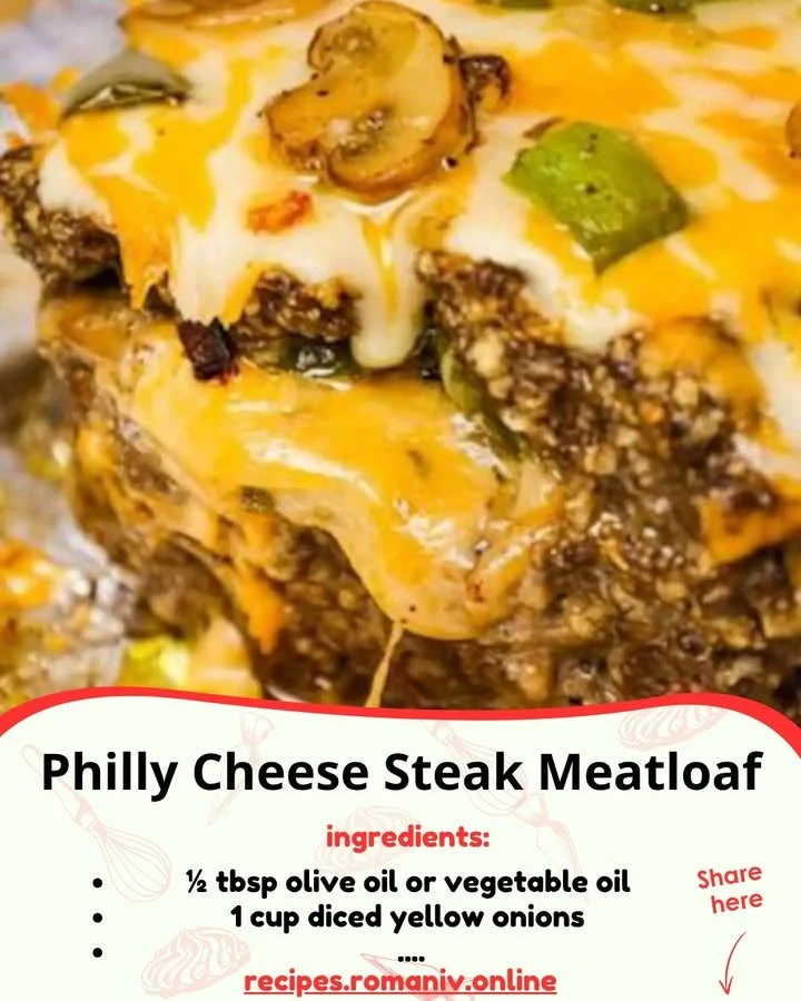 Philly cheese steak meatloaf served with melted cheese and toppings