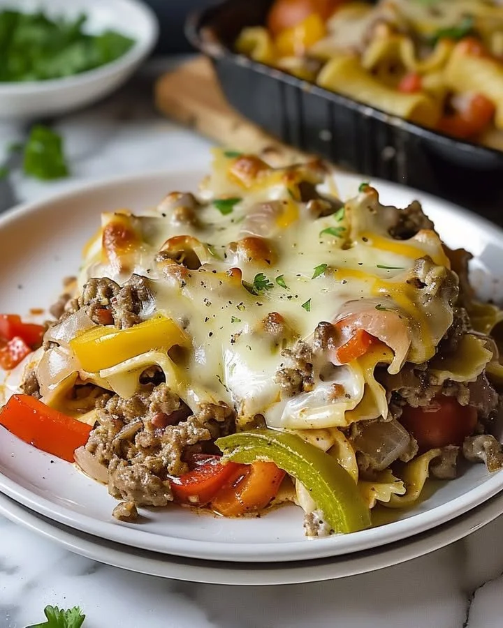 Delicious Philly Cheesesteak Casserole topped with melted cheese and peppers