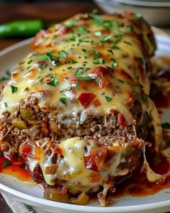 Philly Cheesesteak Meatloaf topped with melted cheese and peppers