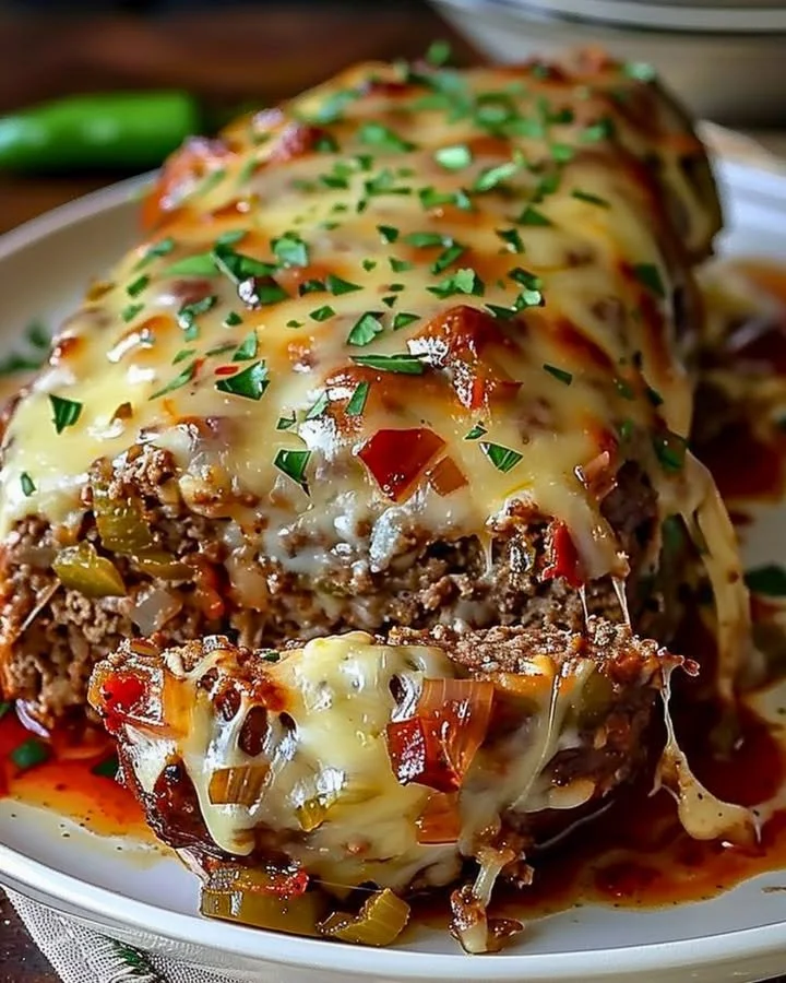 Philly Cheesesteak Meatloaf topped with melted cheese and peppers