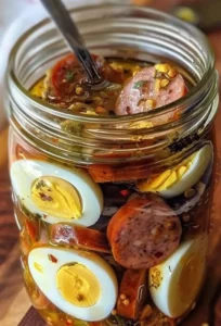 Plate of pickled eggs with sausage and onions beautifully arranged.