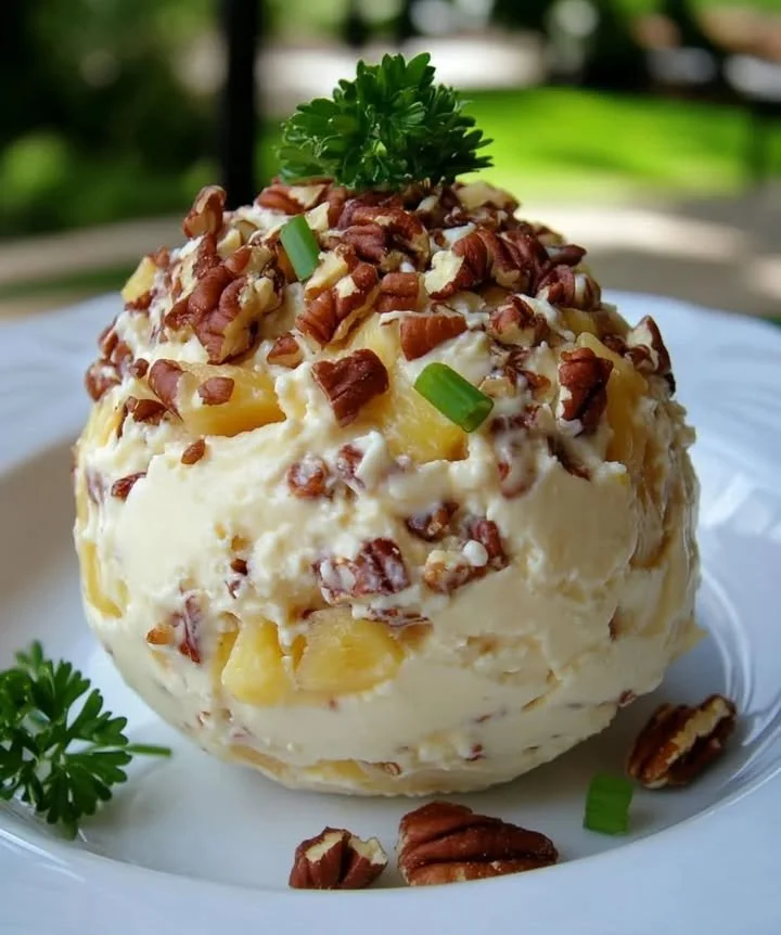 Pineapple pecan cheese ball served with crackers and fruit