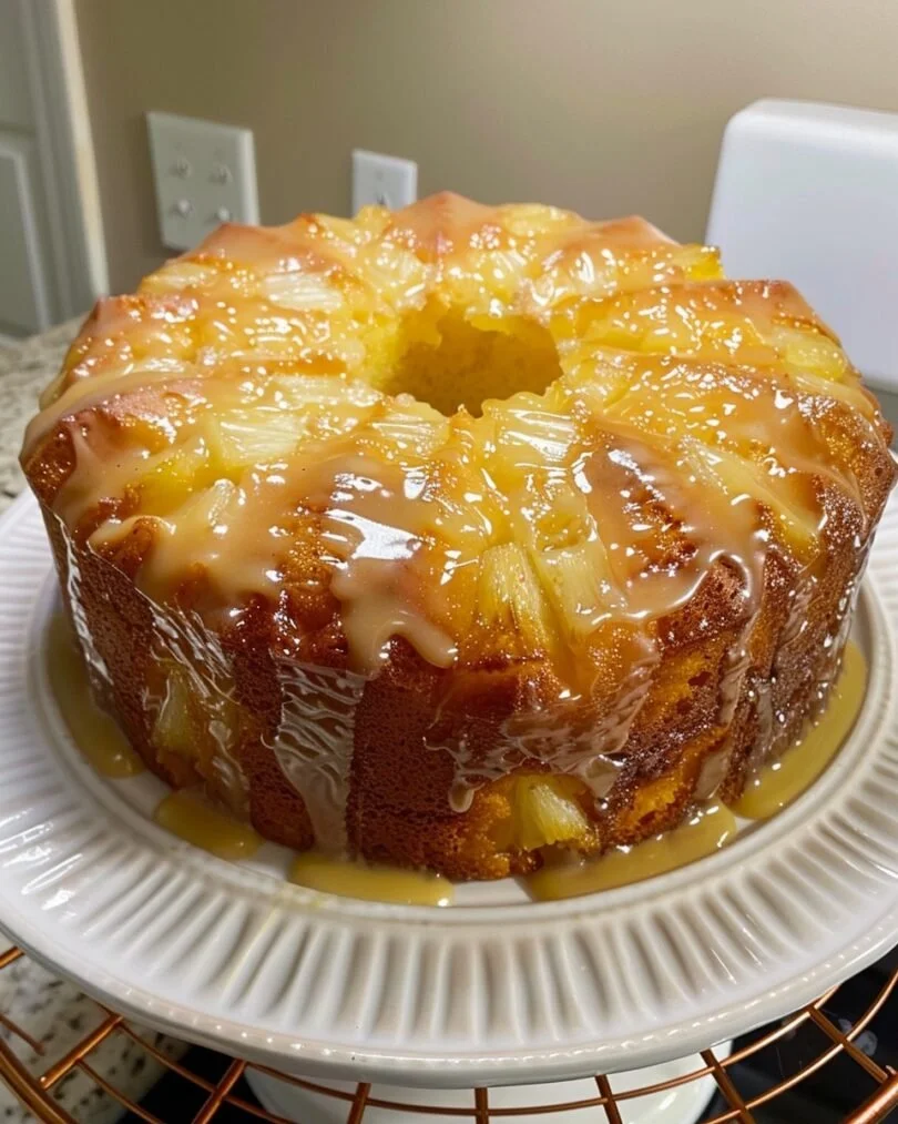 Moist Pineapple Pound Cake topped with fresh pineapple slices for a delicious dessert.