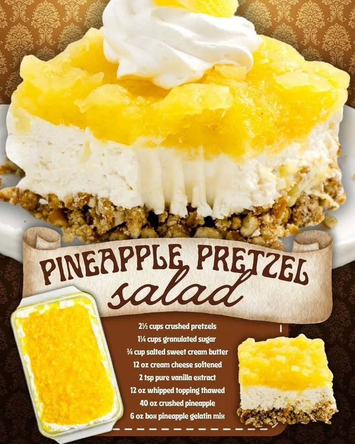 Delicious Pineapple Pretzel Salad served in a colorful bowl with fruits