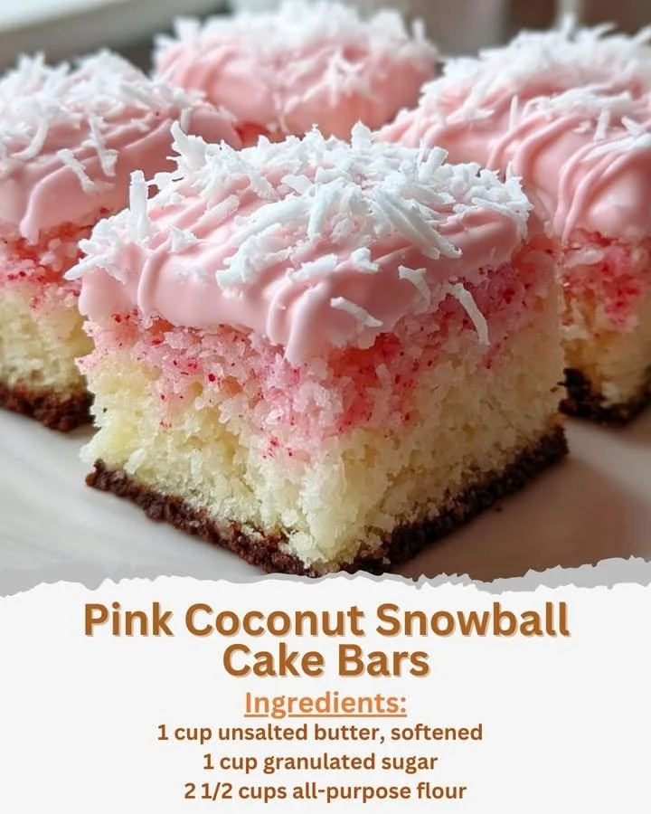 Pink Coconut Snowball Cake Bars with coconut flakes and vibrant pink frosting