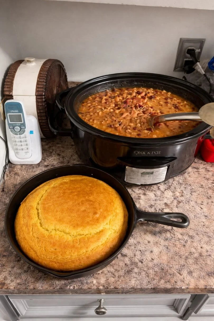 Delicious Pinto Beans served with warm cornbread on a rustic plate.
