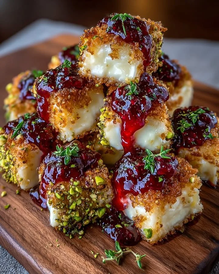 Pistachio-crusted Brie bites with raspberry honey glaze on a serving platter