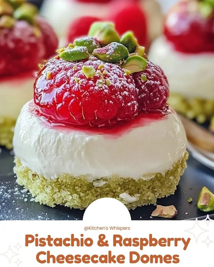 Pistachio Raspberry Cheesecake Domes with vibrant raspberry sauce and crushed pistachios