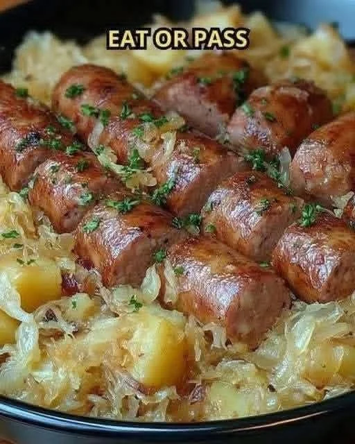Plate of Polish sausage with sauerkraut and potatoes, a traditional meal.