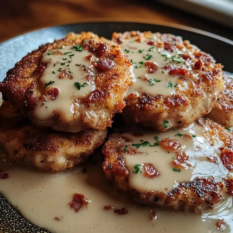 Pork chops served with creamy bacon gravy on a plate