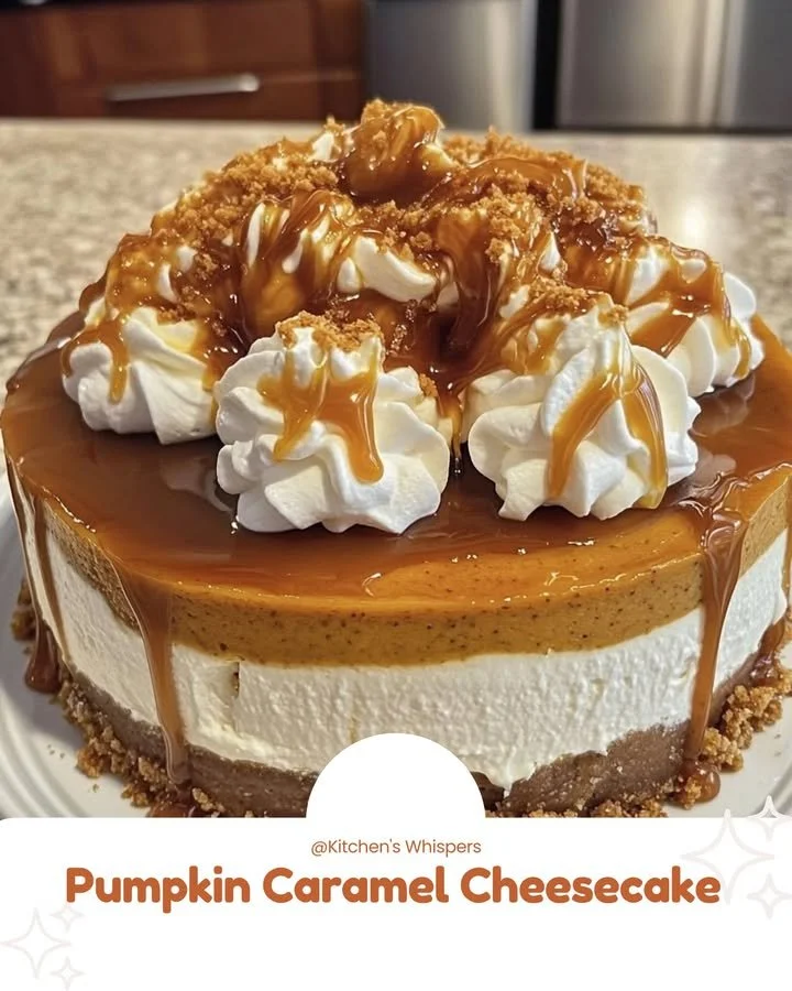 Slice of Pumpkin Caramel Cheesecake topped with caramel drizzle and whipped cream