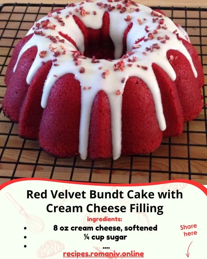 Delicious Red Velvet Bundt Cake with Cream Cheese Filling on a decorative plate