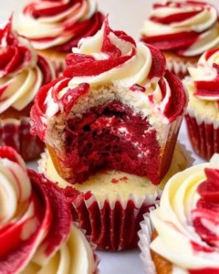 Delicious red velvet marble cupcakes topped with cream cheese frosting.