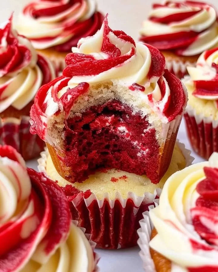 Delicious red velvet marble cupcakes topped with cream cheese frosting.