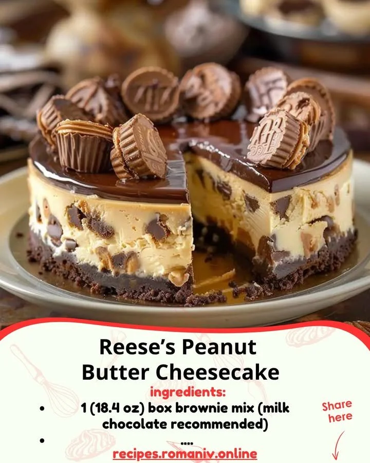 Slice of Reese's Peanut Butter Cheesecake topped with chocolate and peanut butter