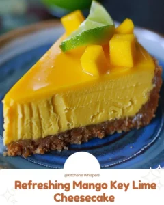 Slice of refreshing mango key lime cheesecake topped with fresh mango and lime zest.