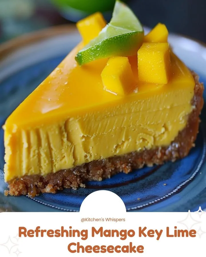 Slice of refreshing mango key lime cheesecake topped with fresh mango and lime zest.