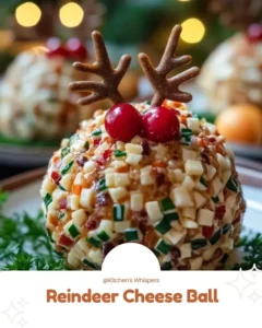 Festive reindeer cheese ball decorated for holiday celebrations