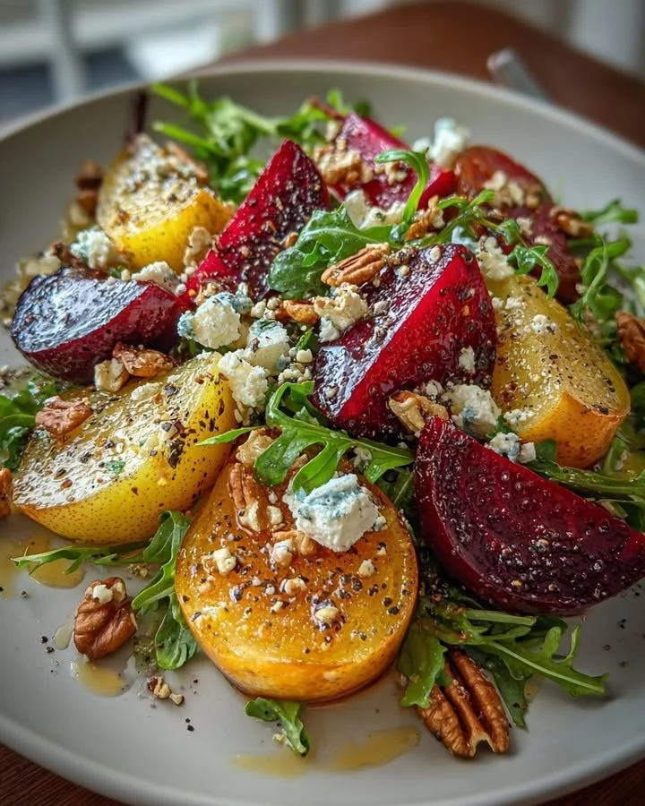 Roasted beet salad with pear slices and crumbled feta cheese