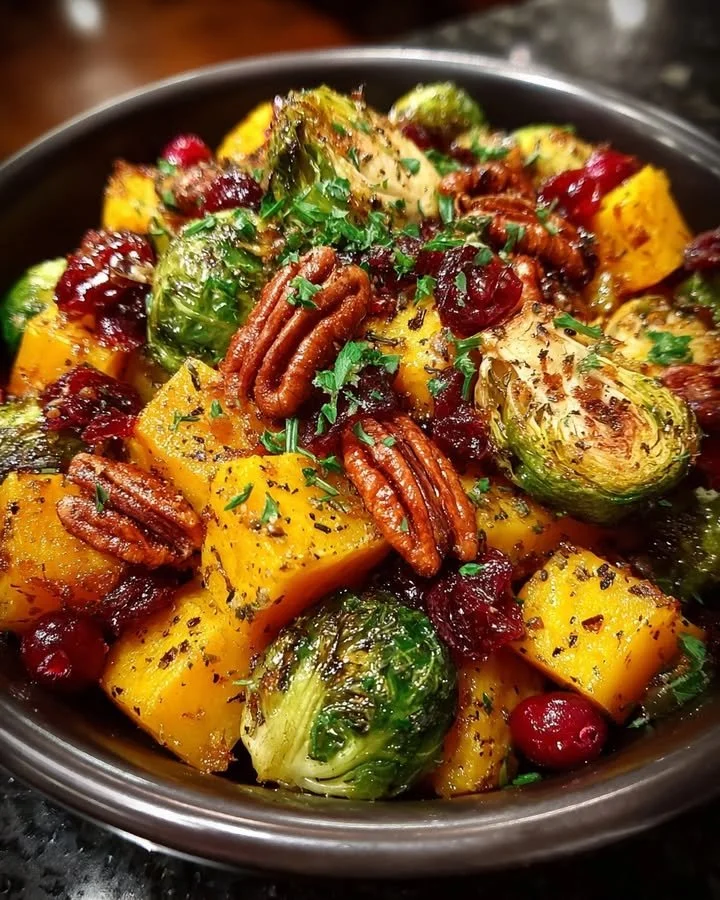Roasted butternut squash, Brussels sprouts, pecans, and cranberries dish.