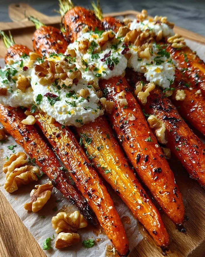 Plate of roasted carrots with whipped cottage cheese, walnuts, and cranberry-honey drizzle.