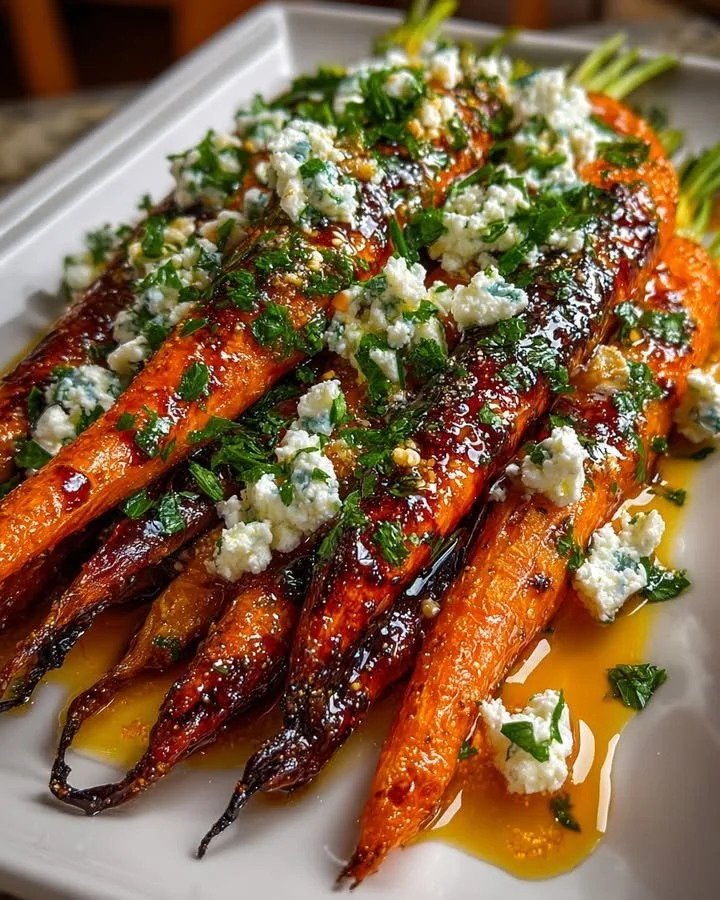 Roasted carrots garnished with whipped ricotta and hot honey on a plate