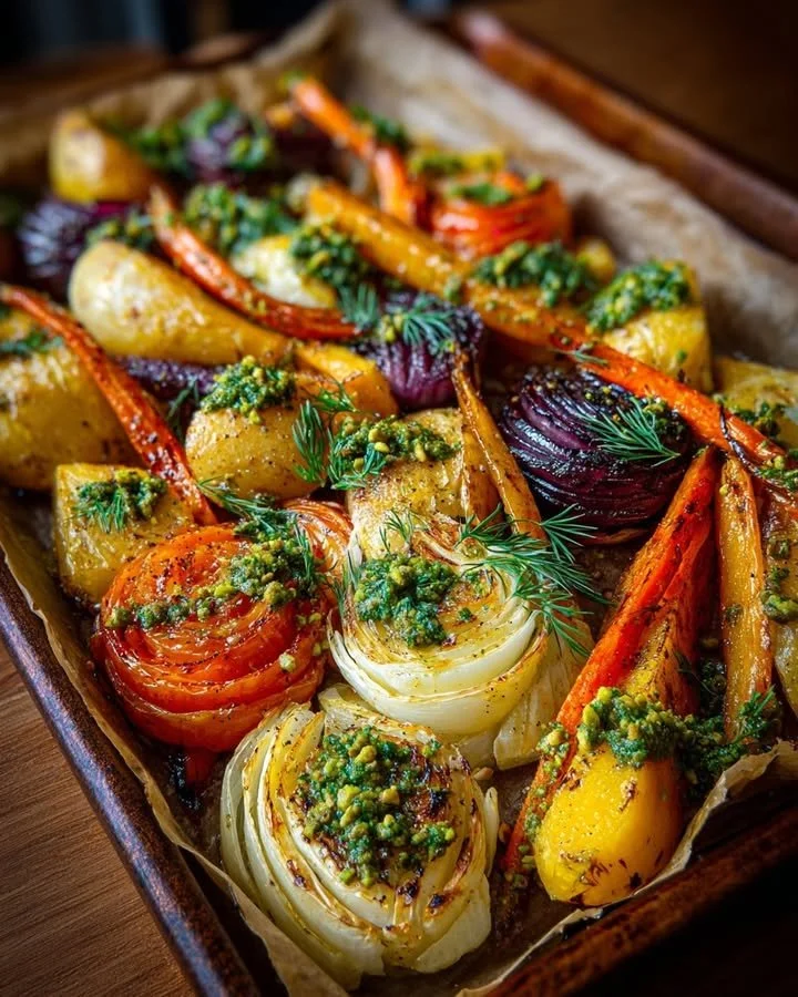 Roasted fennel and carrot ribbons garnished with ricotta and pistachio dust.