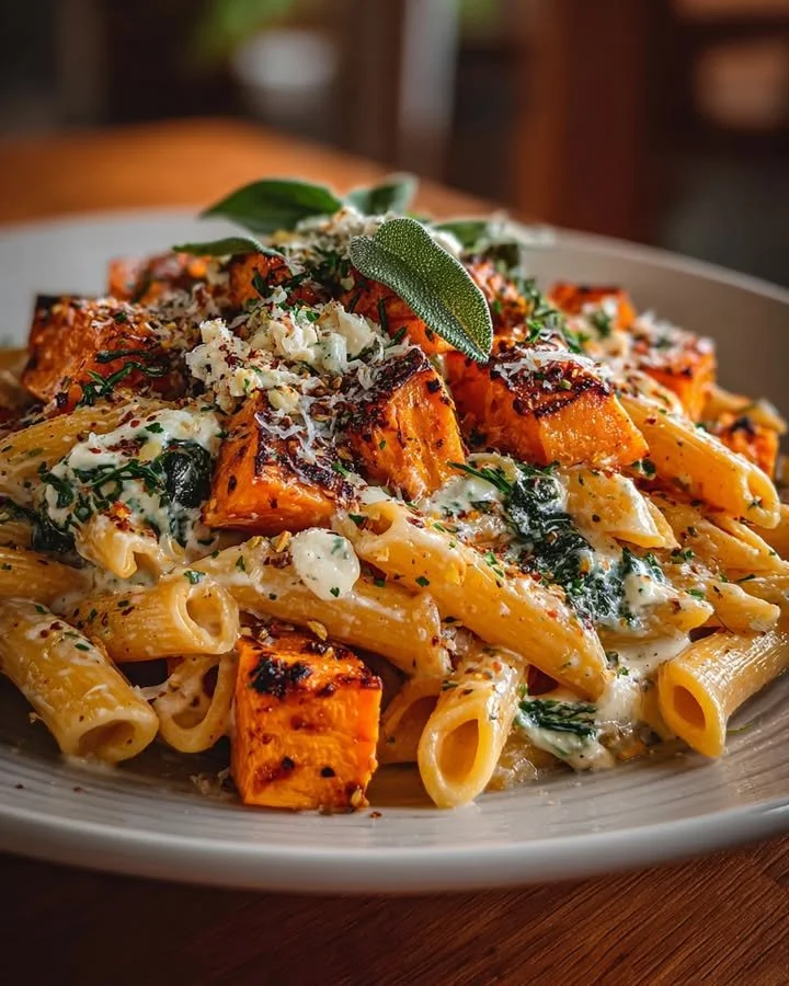 Creamy pasta with roasted sweet potatoes, goat cheese, and sage topped with herbs.