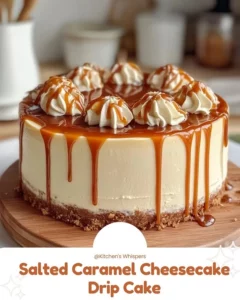 Salted Caramel Cheesecake Drip Cake topped with a luscious caramel glaze