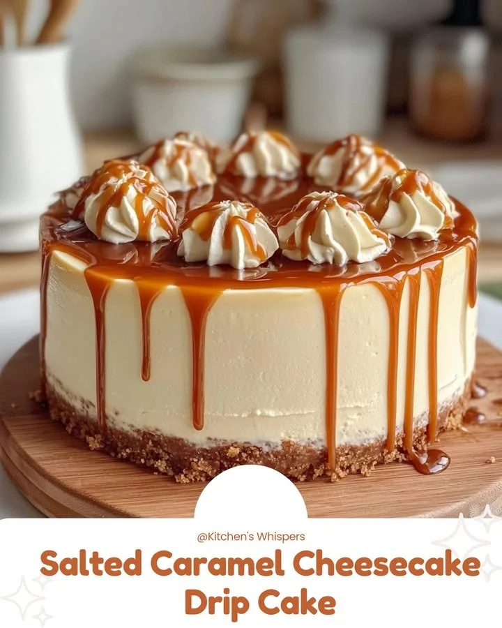 Salted Caramel Cheesecake Drip Cake topped with a luscious caramel glaze
