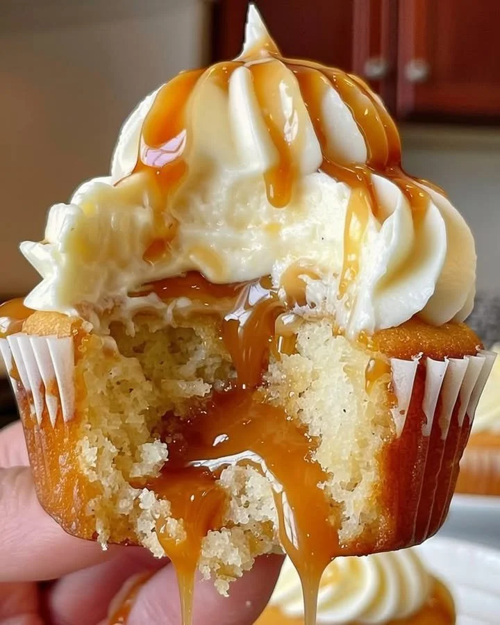 Delicious salted caramel cream cheese cupcakes on a decorative plate
