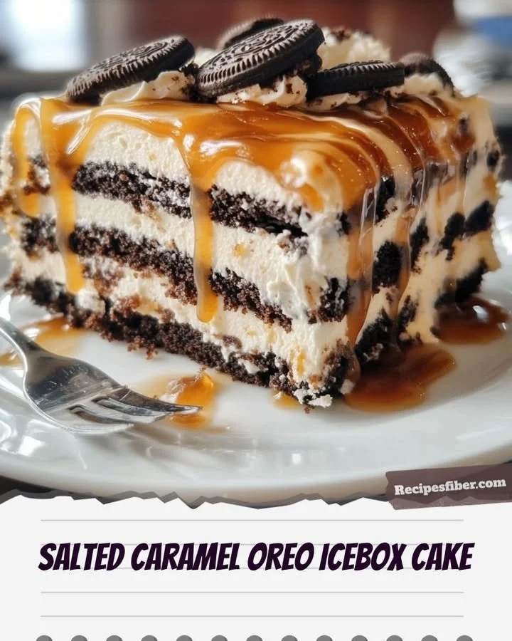 Slice of Salted Caramel Oreo Icebox Cake topped with caramel drizzle