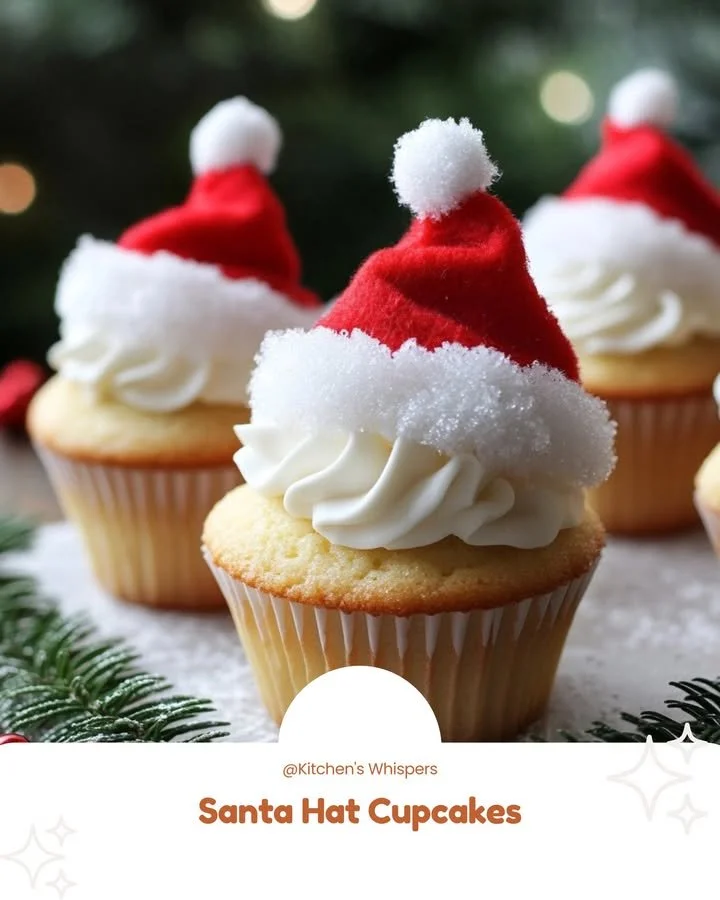 Festive Santa Hat Cupcakes decorated with whipped cream and strawberries