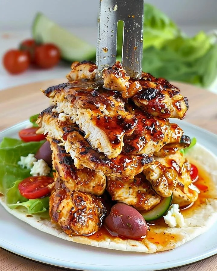 Delicious Greek-Style Chicken Wraps with fresh vegetables and tender chicken.