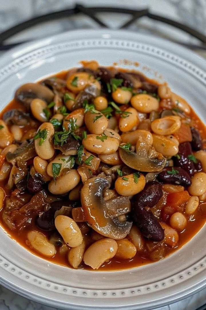 Delicious savory mushroom and bean stew served in a bowl