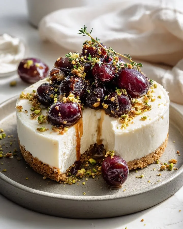 Savory whipped feta cheesecake with pistachio crust and roasted grapes