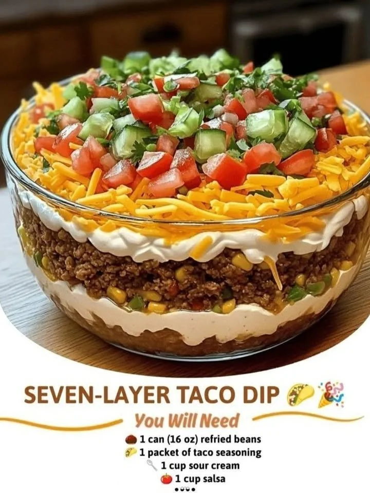 Seven-Layer Taco Dip served in a colorful dish with fresh ingredients