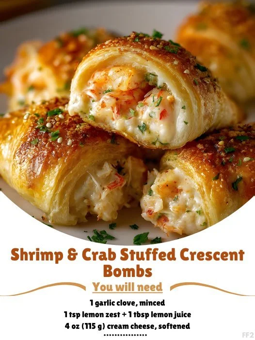 Shrimp Crab Stuffed Crescent Bombs on a platter, garnished and ready to serve.