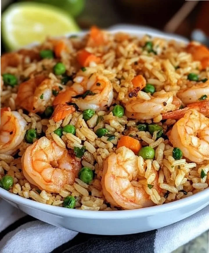 Plate of flavorful Shrimp Dirty Rice garnished with herbs and spices.