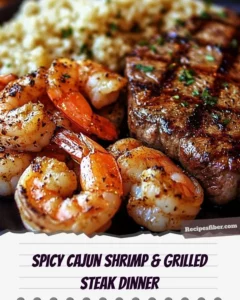 Delicious Cajun Surf and Turf featuring steak and seafood with vibrant spices.